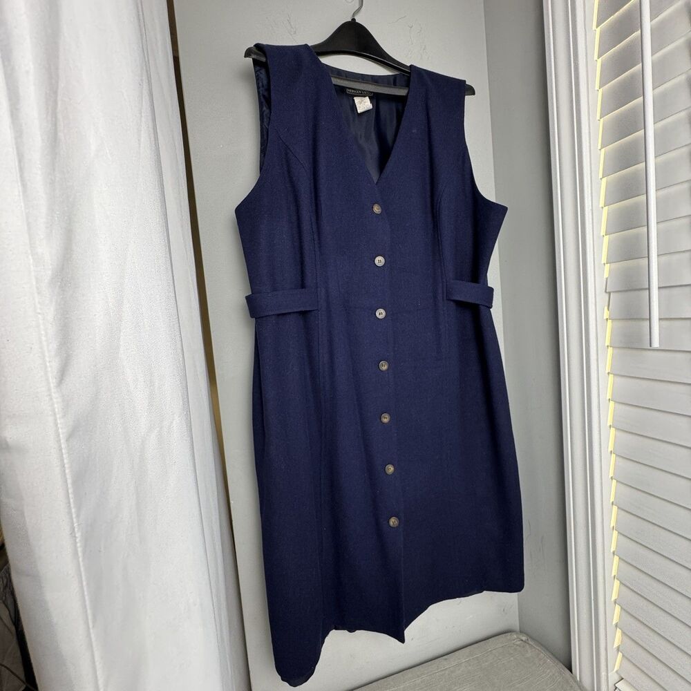 Vintage 90s Herman Geist Sleeveless Wool Midi Dress – Navy Blue | Size 18W